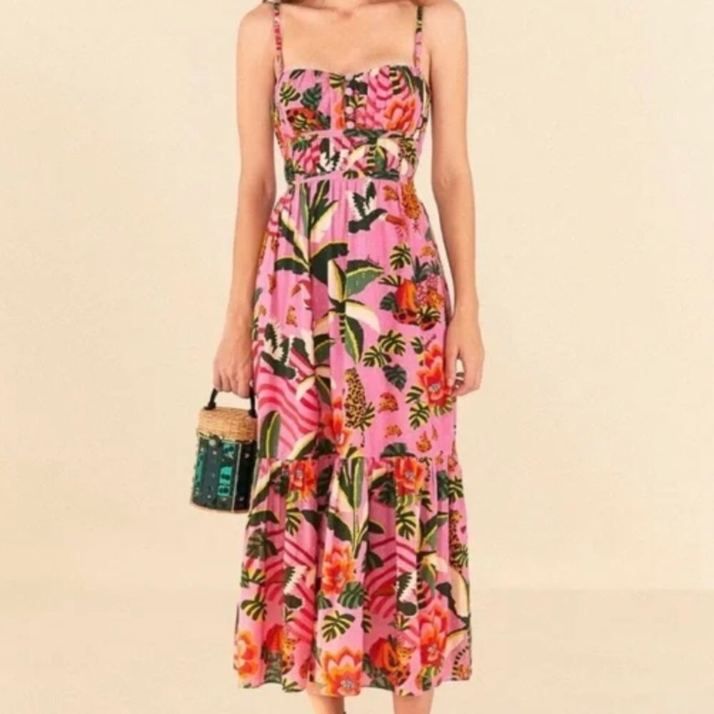NWT Farm Rio - Leopard Forest Midi Dress - Pink Floral - XXS